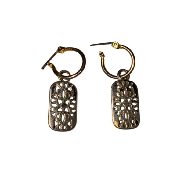 Vintage Gold & Silver Rectangular Dangle Earrings With Filigree Design - Picture 2 of 6